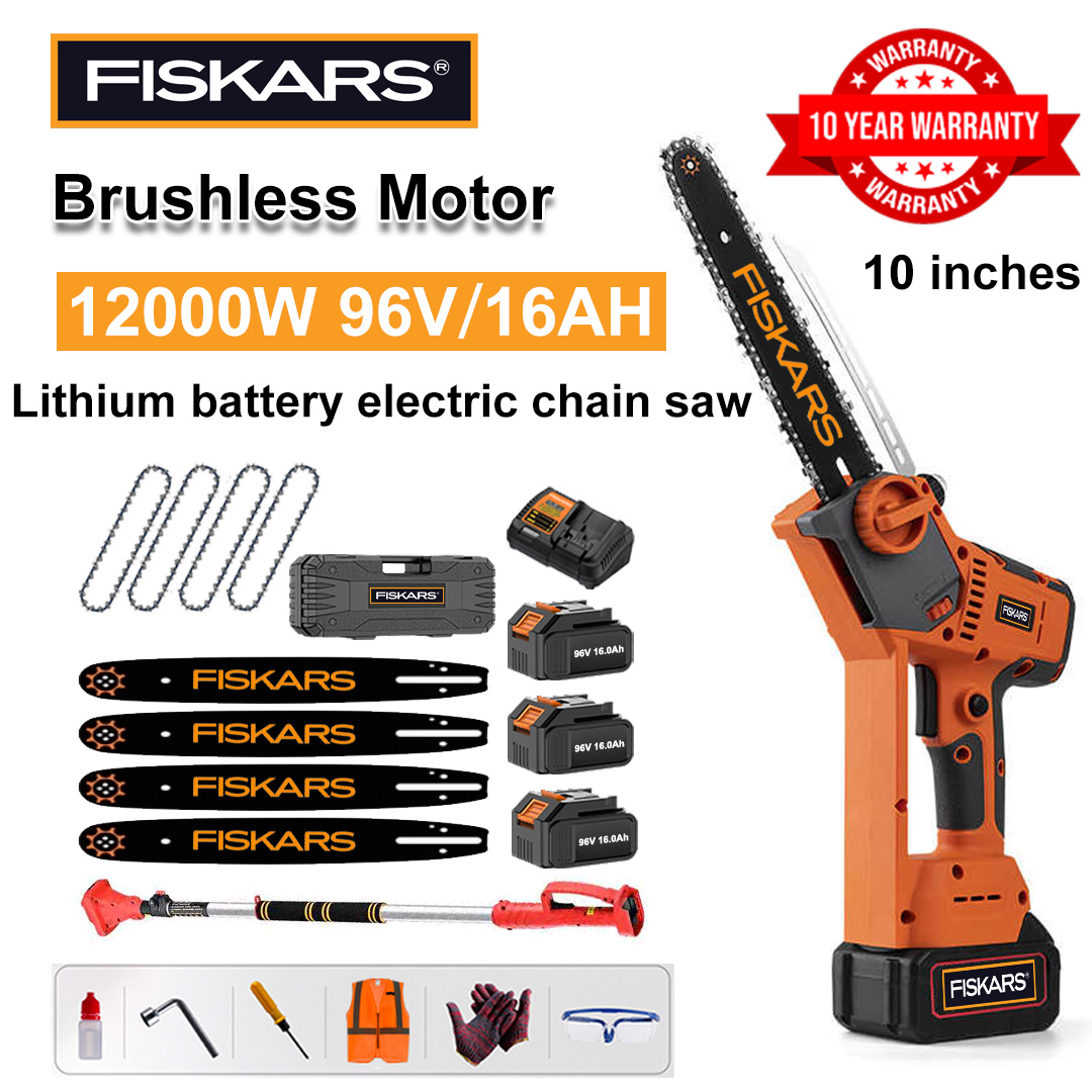 10 Inch Brushless Lithium Electric Saw, Power 12000W, 96V 16Ah Battery*3, Charger, Guide Plate*4, Chain*4, Tool Box, Lubricant and Goggles, Ten Years Warranty (Equipped with Telescopic Pole )